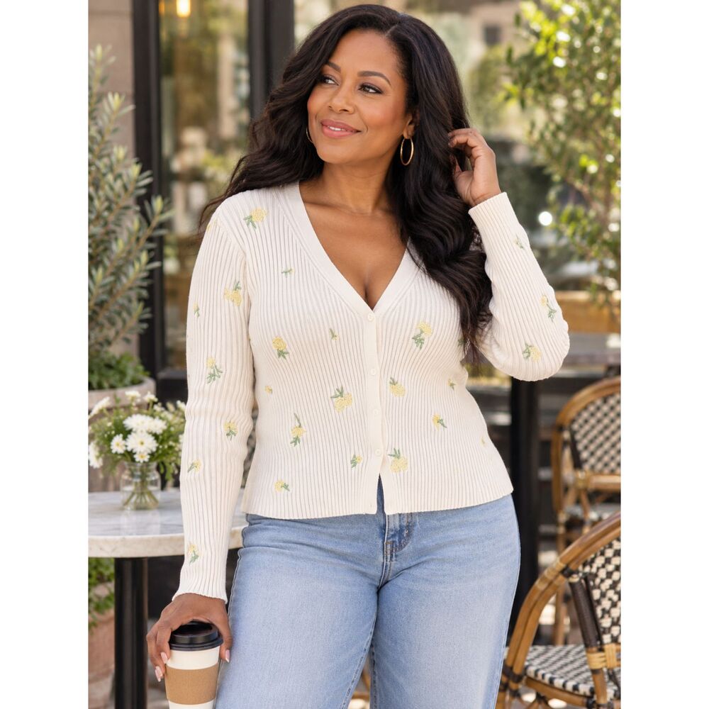 H&M Embroidered Ribbed Cardigan XL Ivory Floral V Neck Button Front Cottage Core